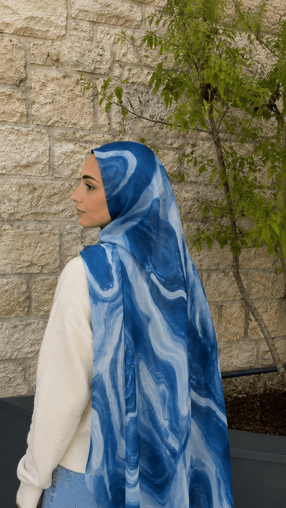 RY43 Denim Blue Marble Swirl Hijab Shawl – Ocean Wave Watercolor Women's Head Scarf (80×180cm) - Raya