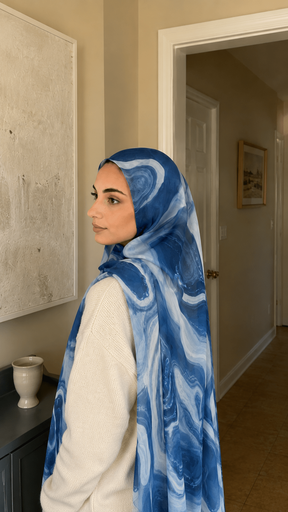 RY43 Denim Blue Marble Swirl Hijab Shawl – Ocean Wave Watercolor Women's Head Scarf (80×180cm) - Raya