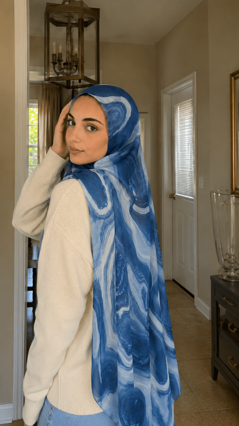 RY43 Denim Blue Marble Swirl Hijab Shawl – Ocean Wave Watercolor Women's Head Scarf (80×180cm) - Raya
