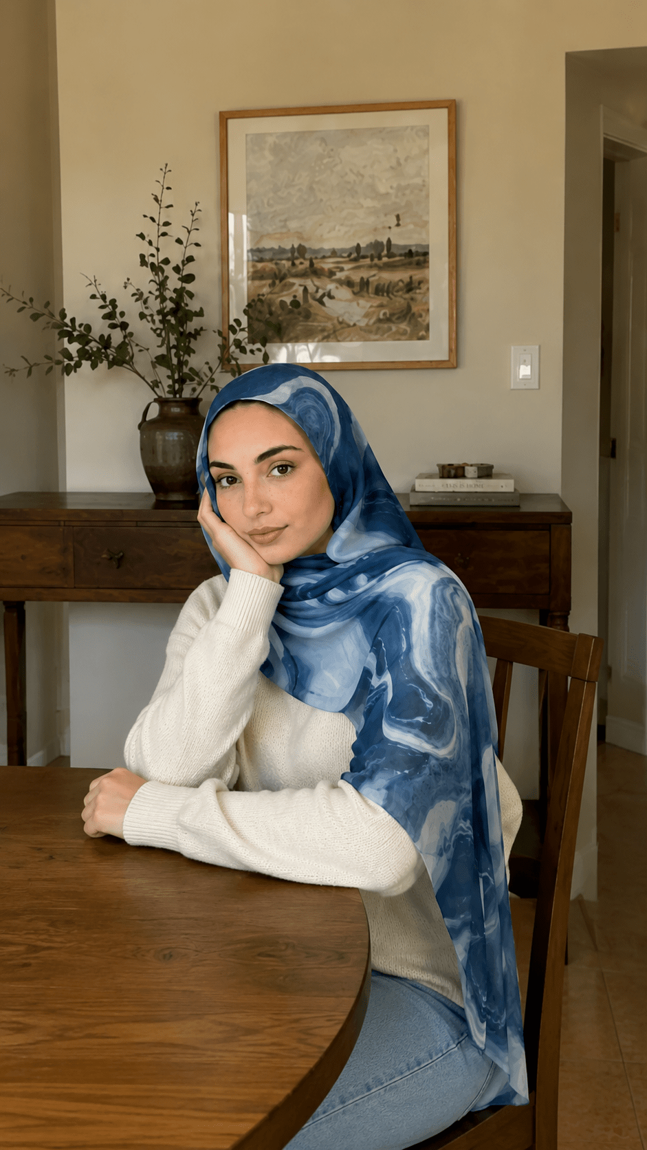 RY43 Denim Blue Marble Swirl Hijab Shawl – Ocean Wave Watercolor Women's Head Scarf (80×180cm) - Raya