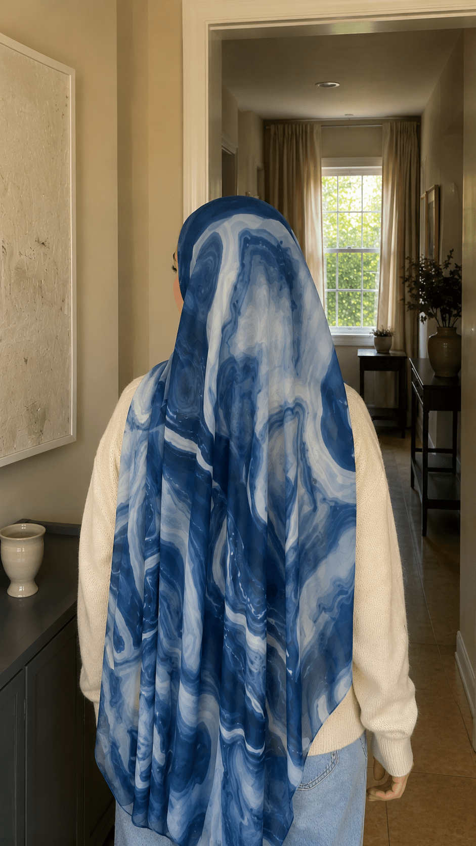 RY43 Denim Blue Marble Swirl Hijab Shawl – Ocean Wave Watercolor Women's Head Scarf (80×180cm) - Raya
