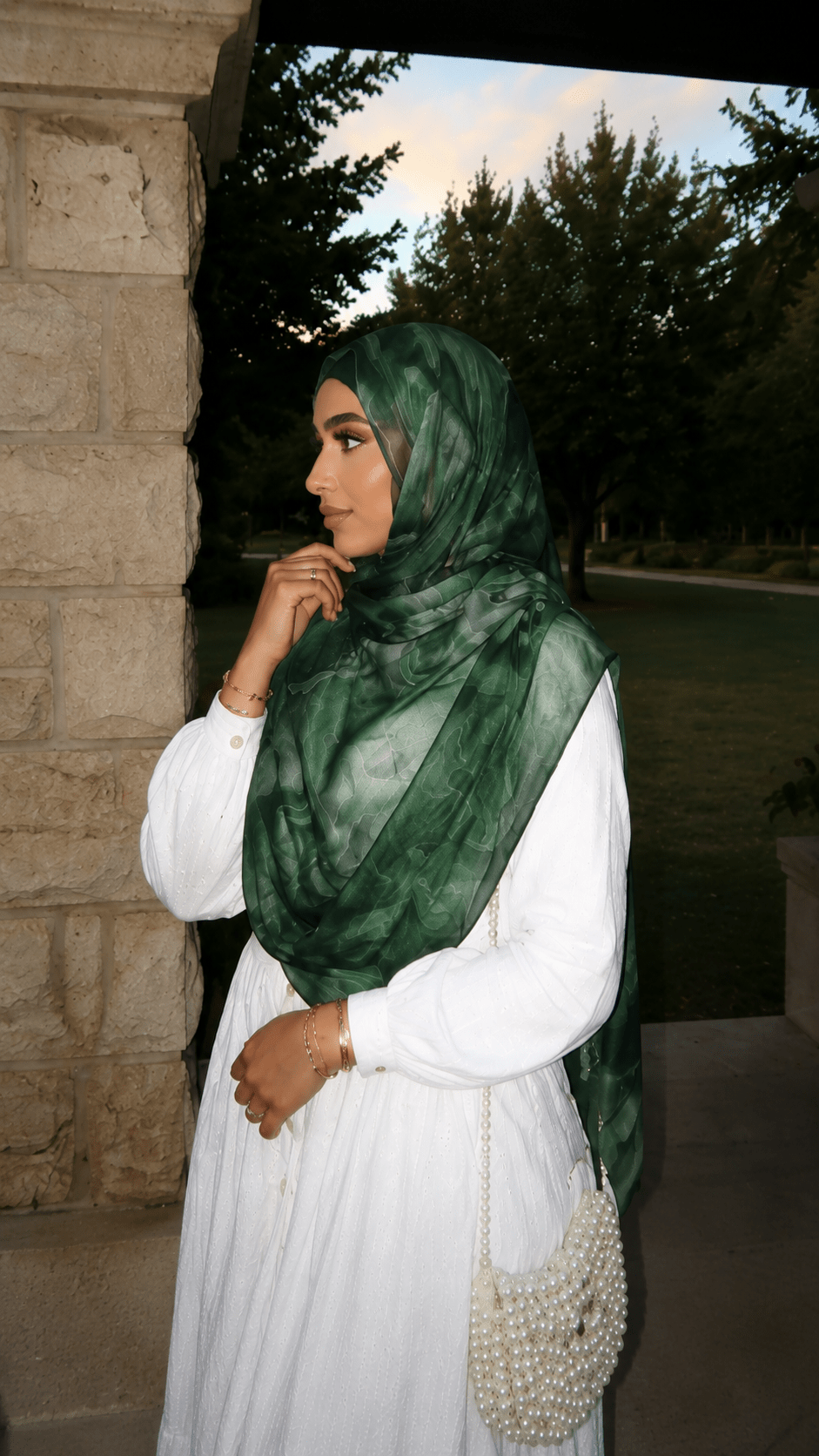 RY44 Forest Green Marble Ink Hijab Shawl – Emerald Watercolor Women's Head Scarf (80×180cm) - Raya