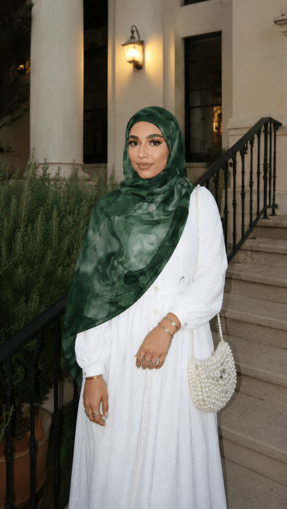 RY44 Forest Green Marble Ink Hijab Shawl – Emerald Watercolor Women's Head Scarf (80×180cm) - Raya