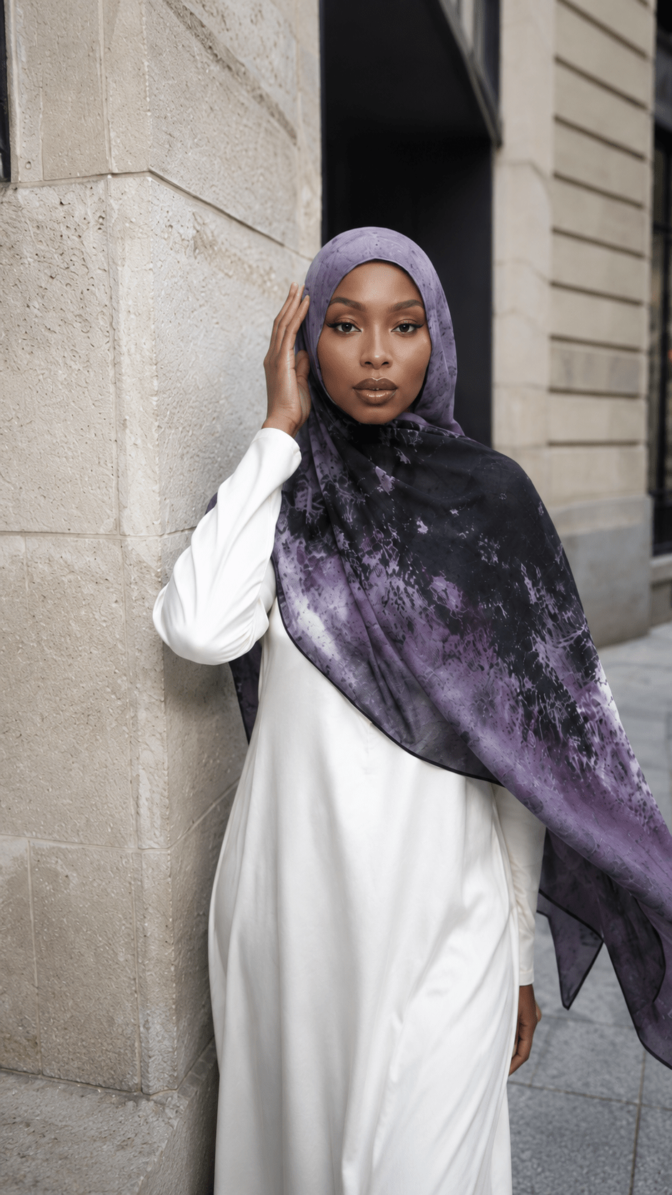 RY46 Dark Purple Black Nebula Watercolor Hijab Shawl – Galaxy Ombre Women's Head Scarf (80×180cm) - Raya