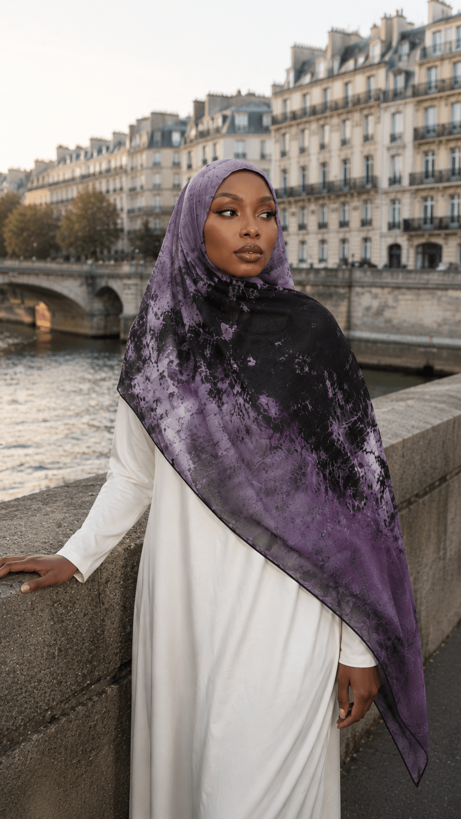 RY46 Dark Purple Black Nebula Watercolor Hijab Shawl – Galaxy Ombre Women's Head Scarf (80×180cm) - Raya