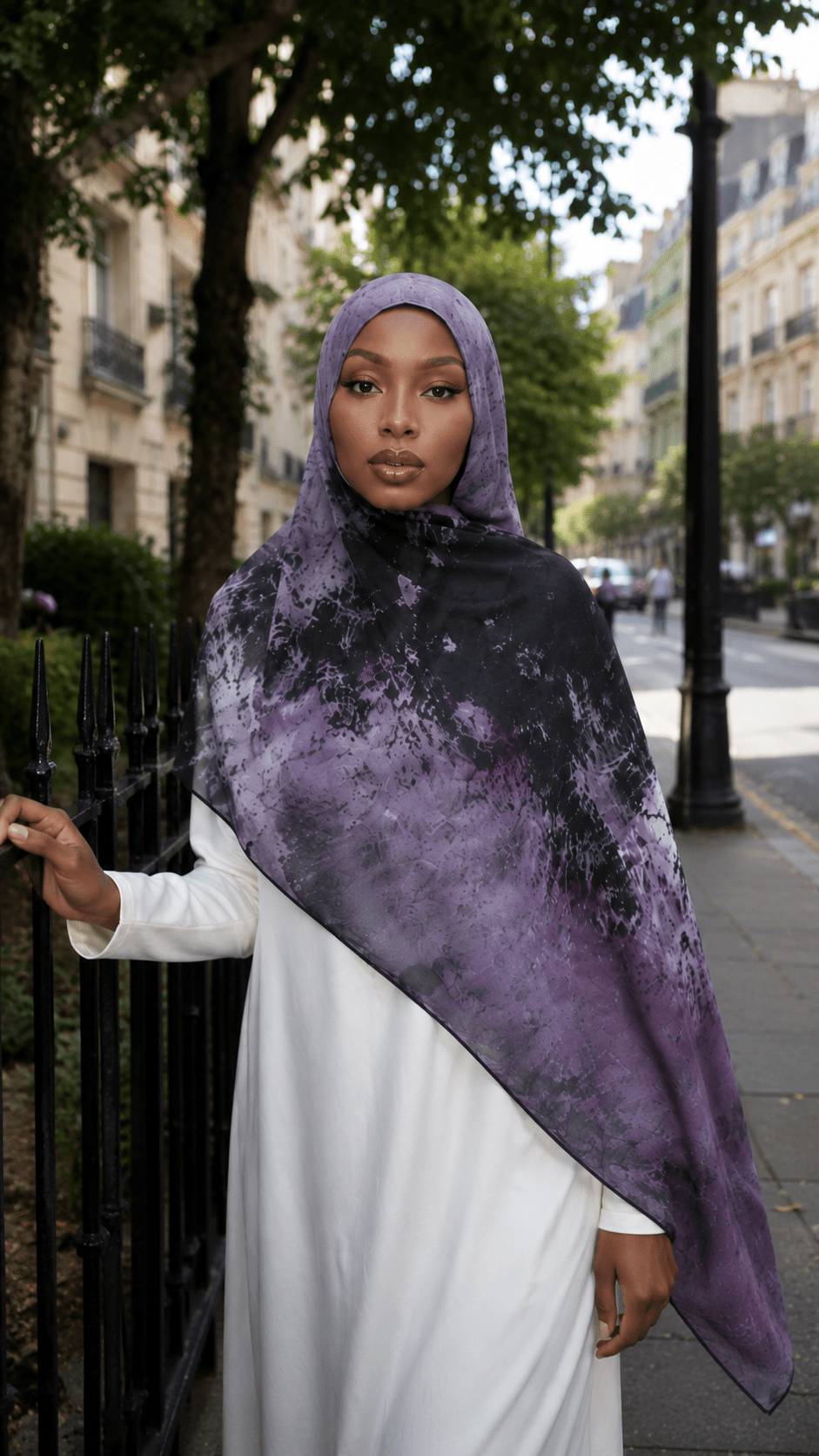 RY46 Dark Purple Black Nebula Watercolor Hijab Shawl – Galaxy Ombre Women's Head Scarf (80×180cm) - Raya