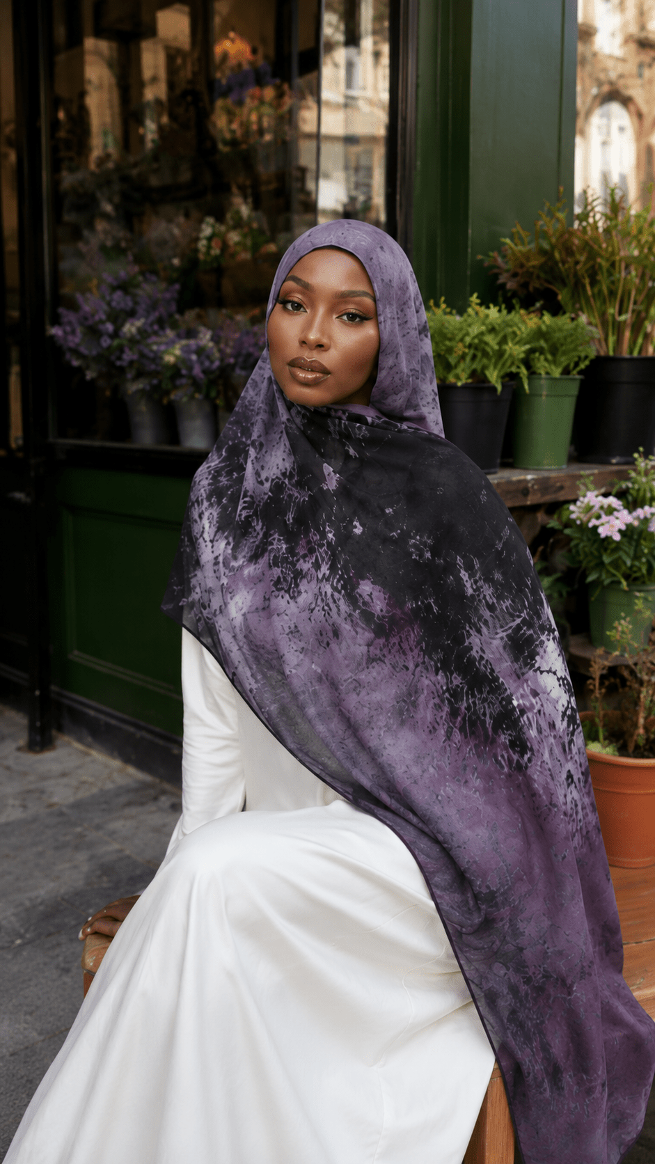 RY46 Dark Purple Black Nebula Watercolor Hijab Shawl – Galaxy Ombre Women's Head Scarf (80×180cm) - Raya