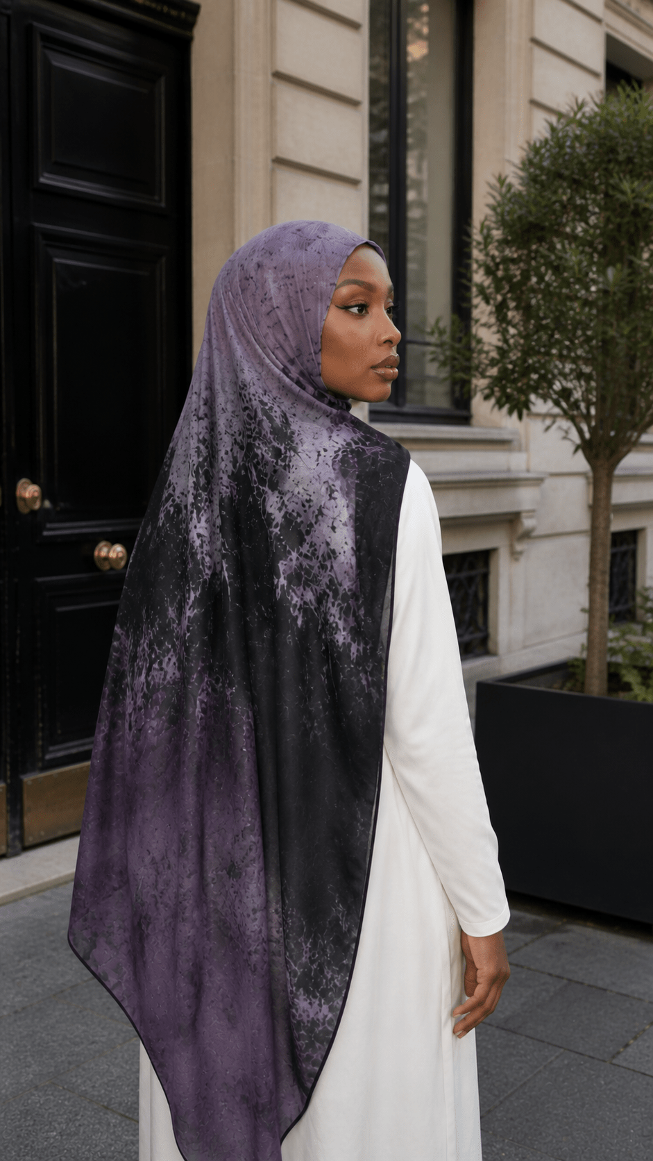 RY46 Dark Purple Black Nebula Watercolor Hijab Shawl – Galaxy Ombre Women's Head Scarf (80×180cm) - Raya