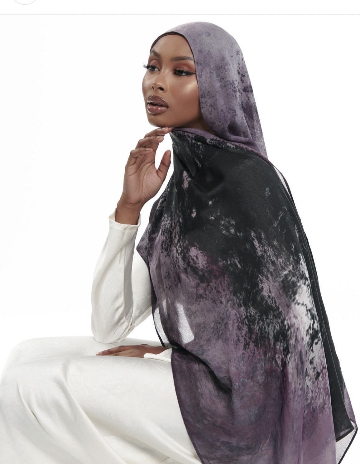 RY46 Dark Purple Black Nebula Watercolor Hijab Shawl – Galaxy Ombre Women's Head Scarf (80×180cm) - Raya