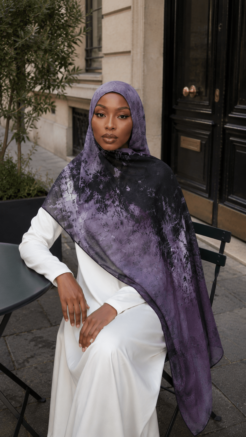 RY46 Dark Purple Black Nebula Watercolor Hijab Shawl – Galaxy Ombre Women's Head Scarf (80×180cm) - Raya
