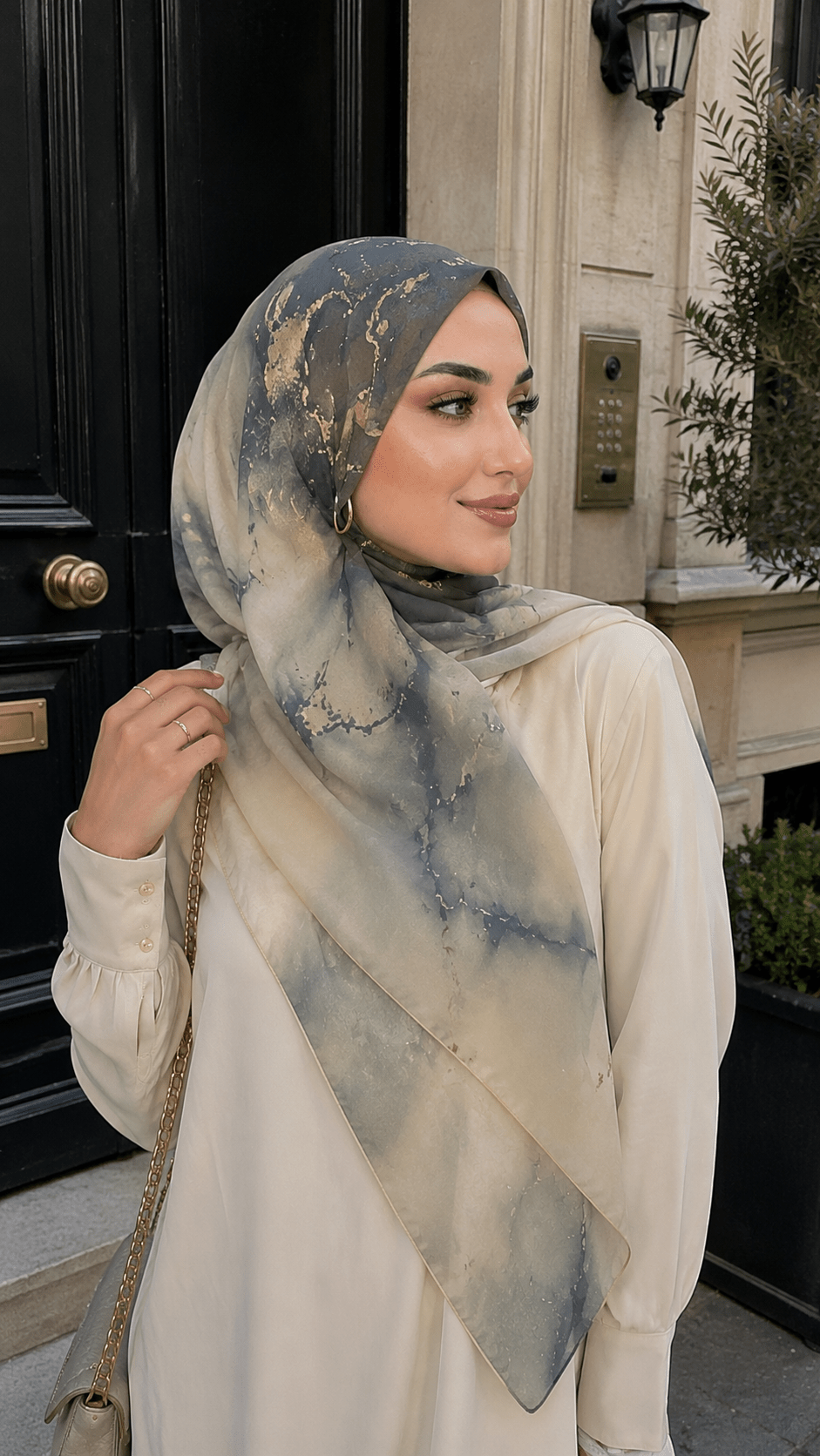 RY47 Grey Blue Gold Foil Marble Hijab Shawl – Luxury Watercolor Ombre Women's Head Scarf (80×180cm) - Raya