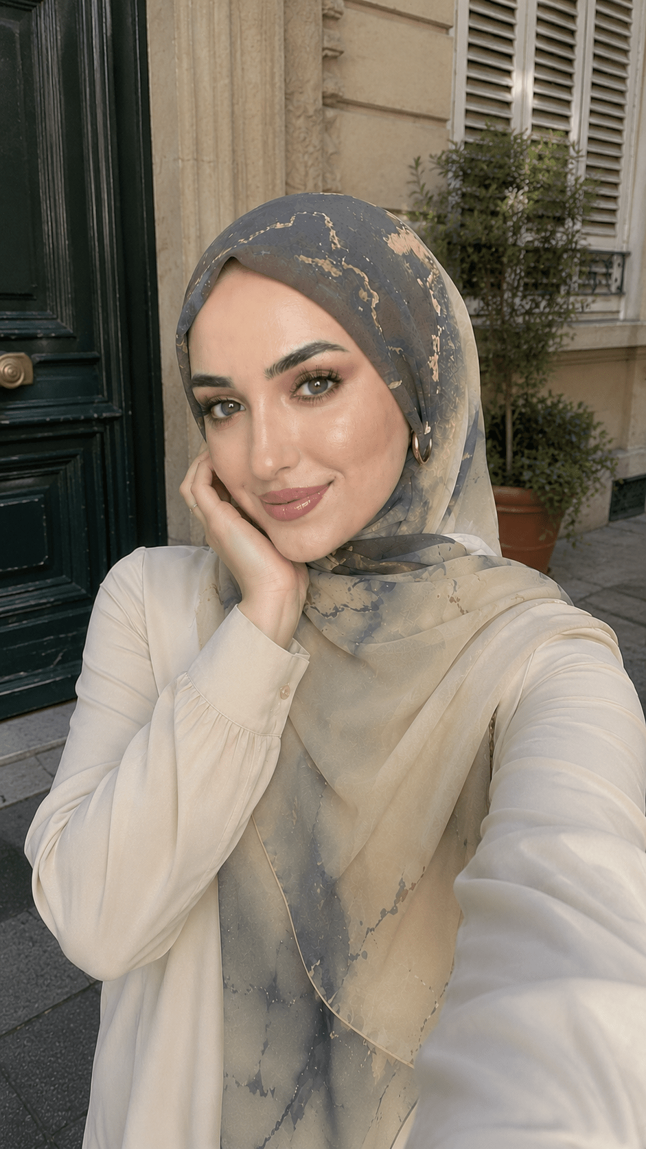 RY47 Grey Blue Gold Foil Marble Hijab Shawl – Luxury Watercolor Ombre Women's Head Scarf (80×180cm) - Raya