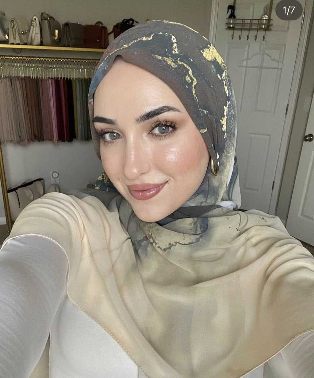 RY47 Grey Blue Gold Foil Marble Hijab Shawl – Luxury Watercolor Ombre Women's Head Scarf (80×180cm) - Raya