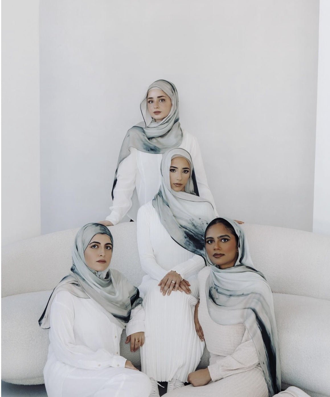 RY48 White Grey Ink Marble Hijab Shawl – Minimalist Watercolor Women's Head Scarf (80×180cm) - Raya