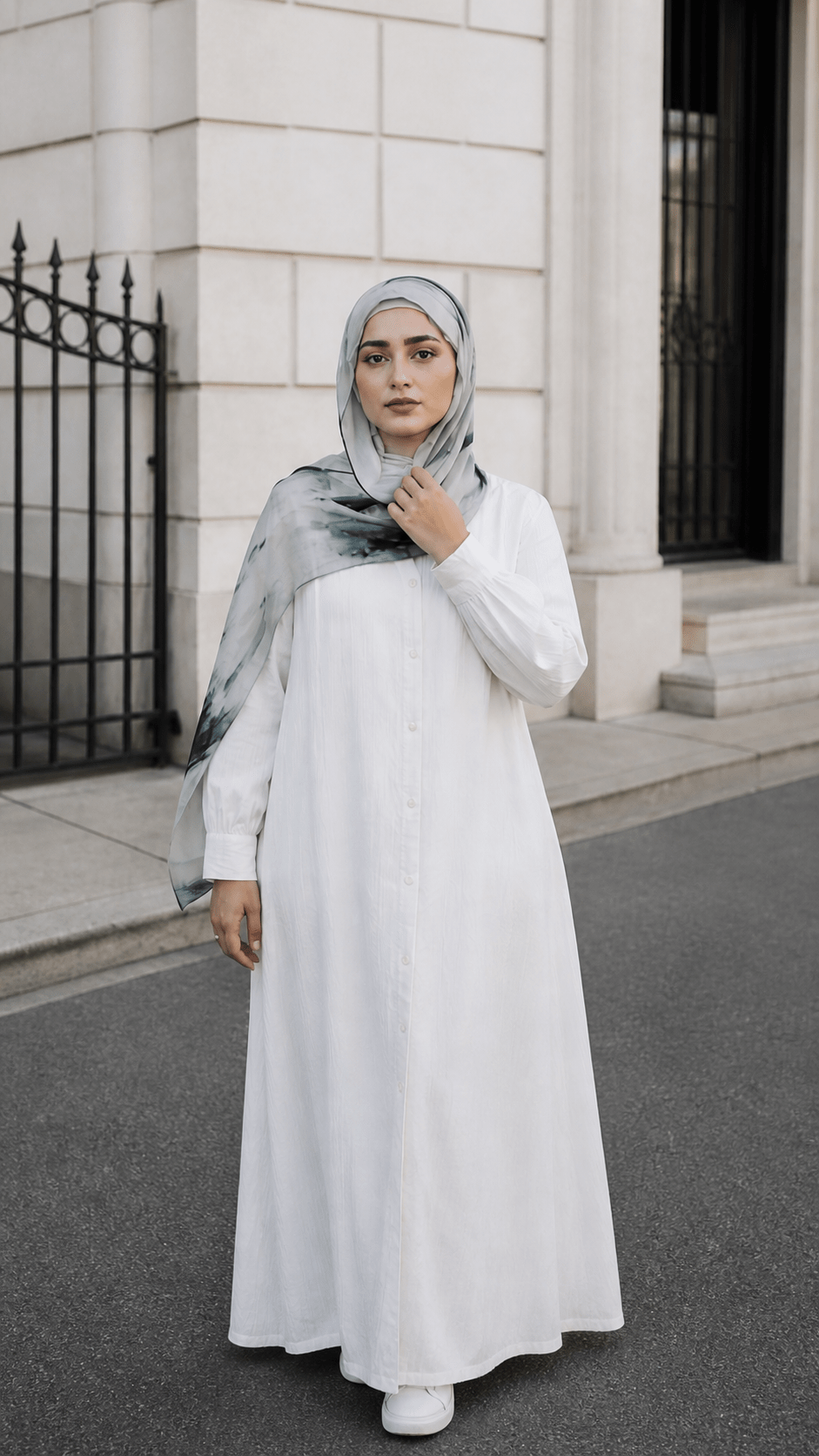 RY48 White Grey Ink Marble Hijab Shawl – Minimalist Watercolor Women's Head Scarf (80×180cm) - Raya