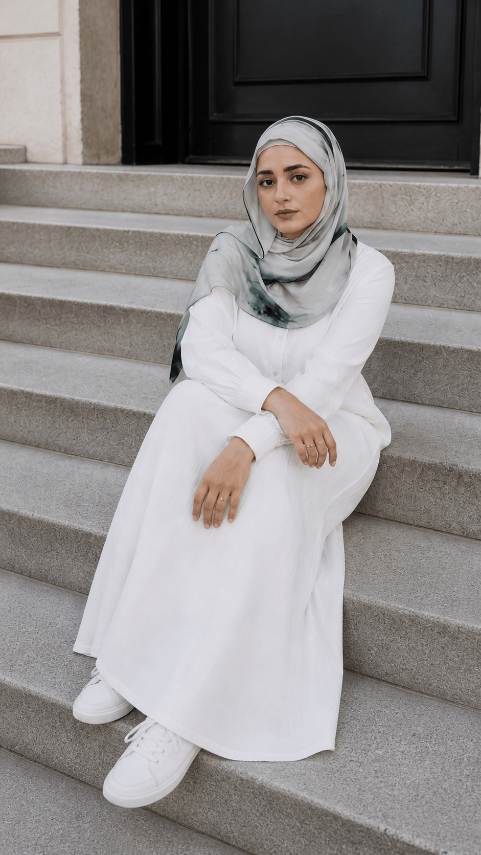 RY48 White Grey Ink Marble Hijab Shawl – Minimalist Watercolor Women's Head Scarf (80×180cm) - Raya