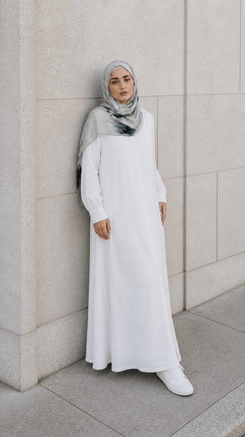 RY48 White Grey Ink Marble Hijab Shawl – Minimalist Watercolor Women's Head Scarf (80×180cm) - Raya
