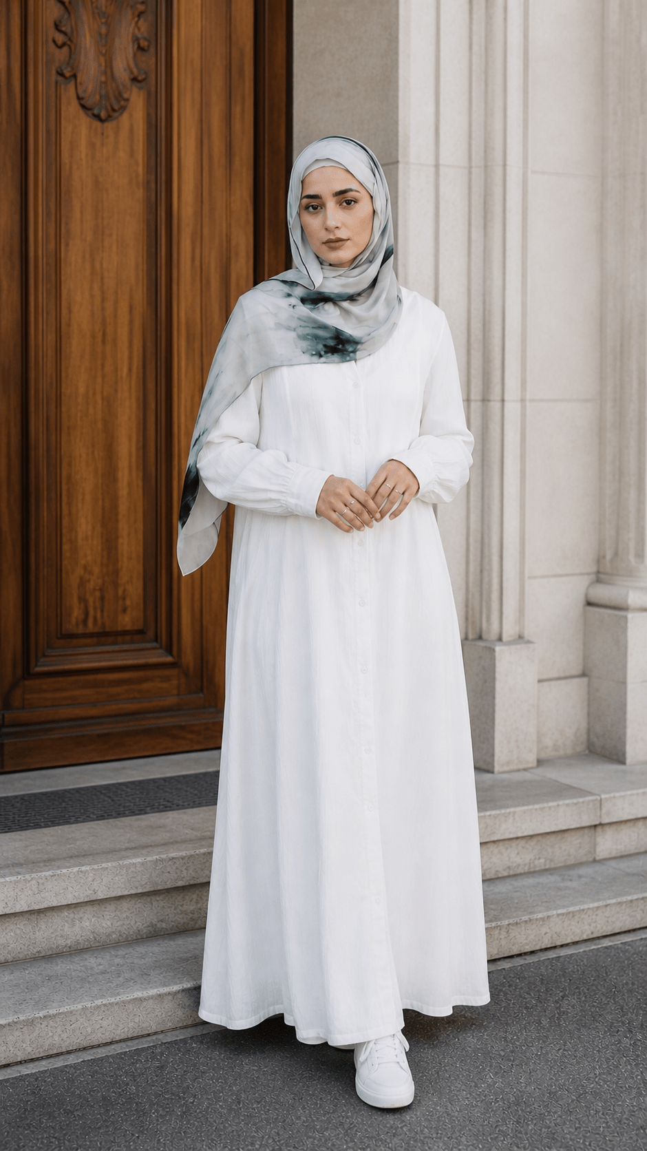 RY48 White Grey Ink Marble Hijab Shawl – Minimalist Watercolor Women's Head Scarf (80×180cm) - Raya