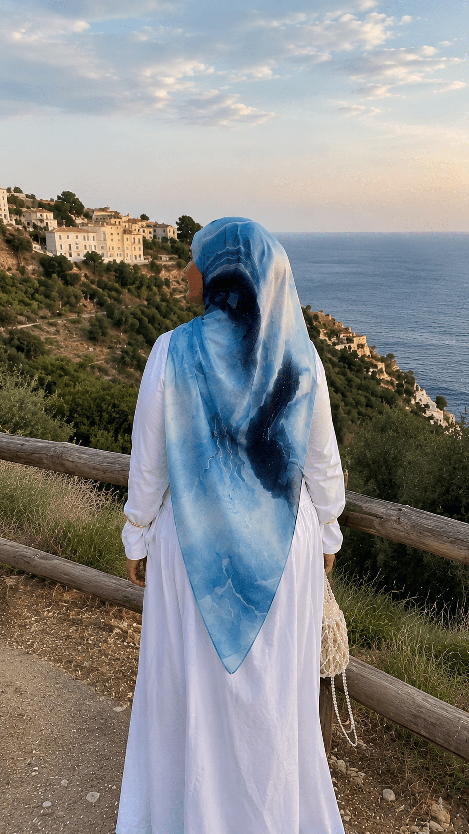 RY49 Ocean Blue White Cloud Wash Hijab Shawl – Coastal Watercolor Women's Head Scarf (80×180cm) - Raya