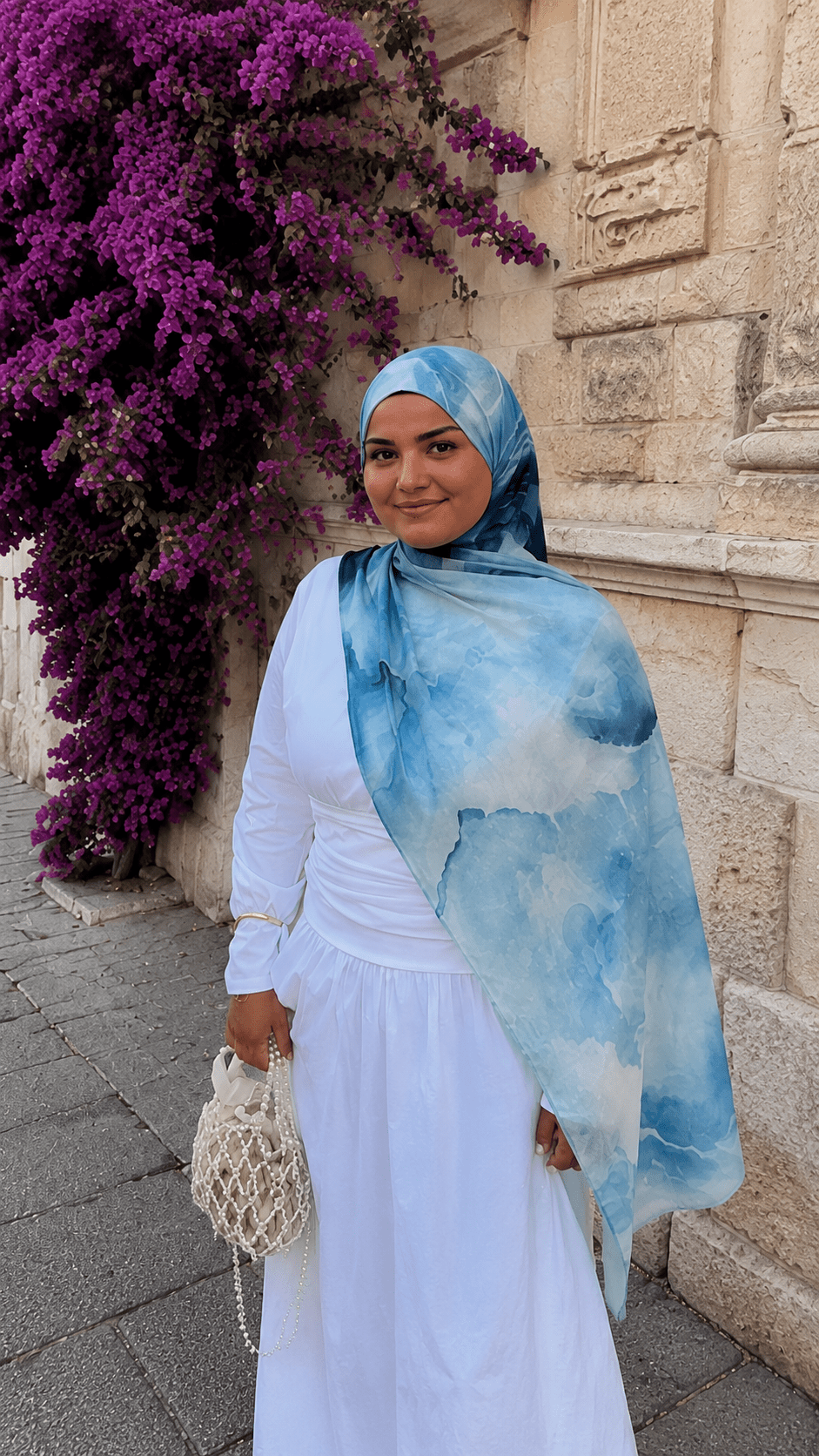 RY49 Ocean Blue White Cloud Wash Hijab Shawl – Coastal Watercolor Women's Head Scarf (80×180cm) - Raya
