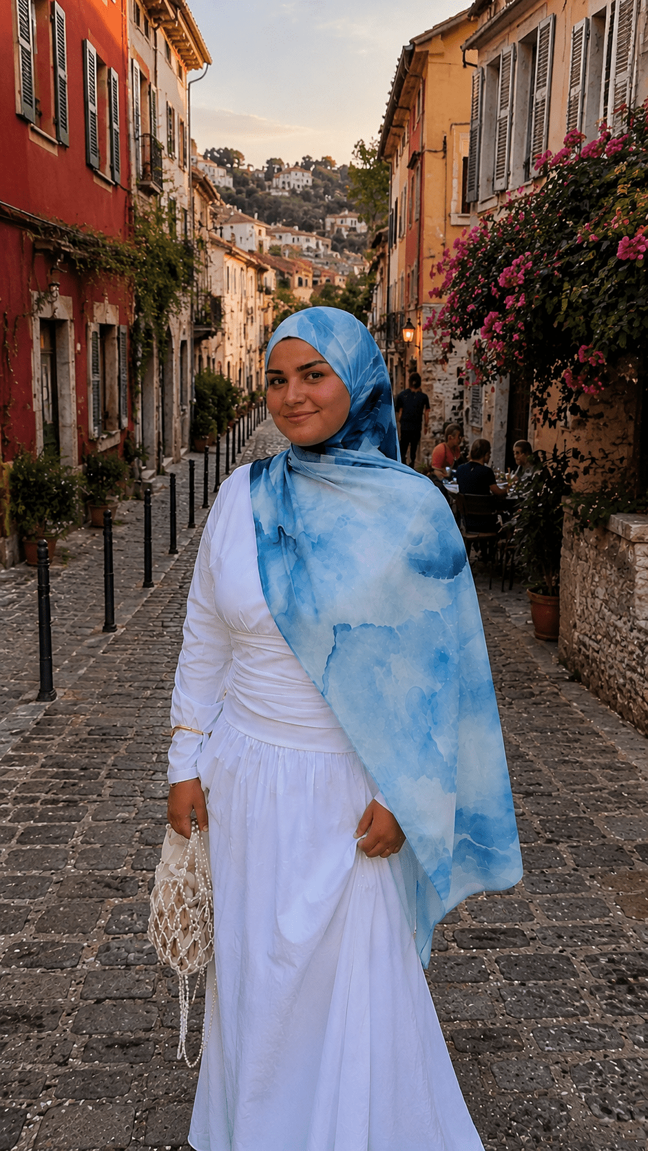 RY49 Ocean Blue White Cloud Wash Hijab Shawl – Coastal Watercolor Women's Head Scarf (80×180cm) - Raya