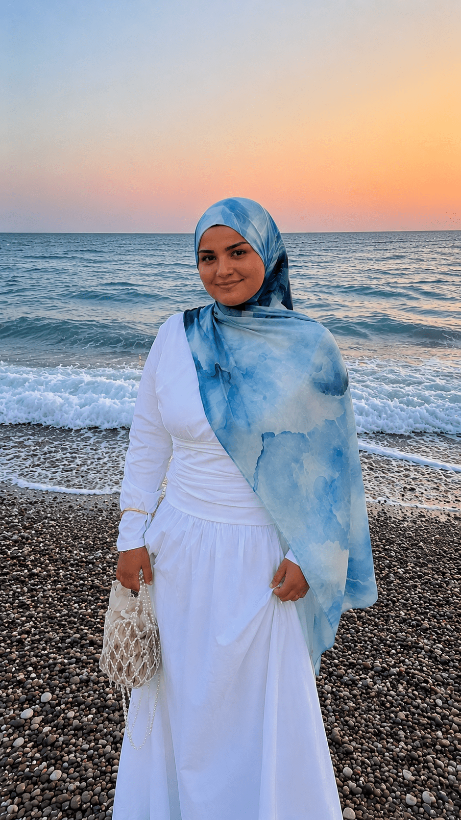 RY49 Ocean Blue White Cloud Wash Hijab Shawl – Coastal Watercolor Women's Head Scarf (80×180cm) - Raya