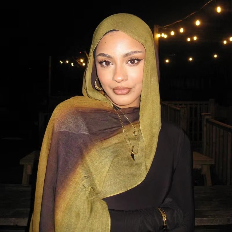 RY50 Olive Green to Brown Purple Ombre Hijab Shawl – Watercolor Gradient Women's Head Scarf (80×180cm) - Raya