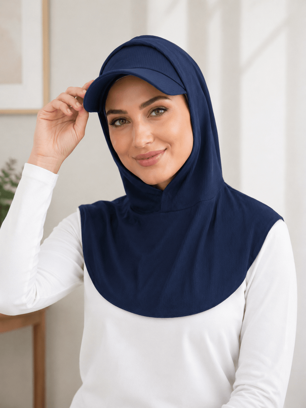 RY502 Navy Blue Ribbed Sun Protection Hijab Cap with Visor – Full Neck Cover - Raya