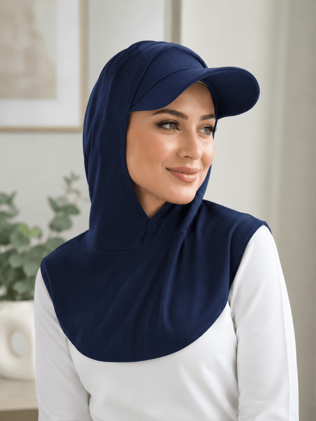 RY502 Navy Blue Ribbed Sun Protection Hijab Cap with Visor – Full Neck Cover - Raya