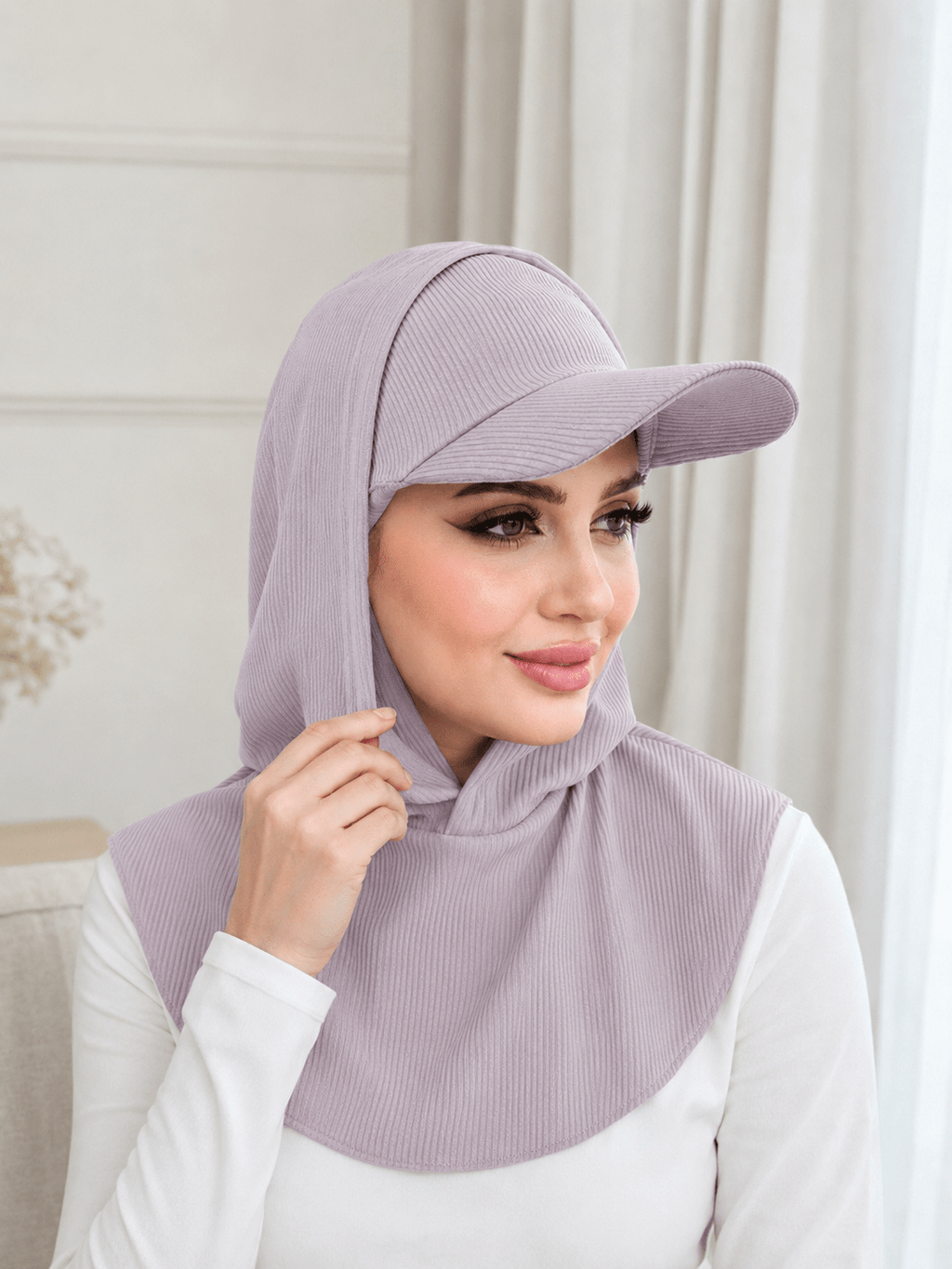RY504 Light Taupe Ribbed Sun Protection Hijab Cap with Visor – Full Neck Cover - Raya