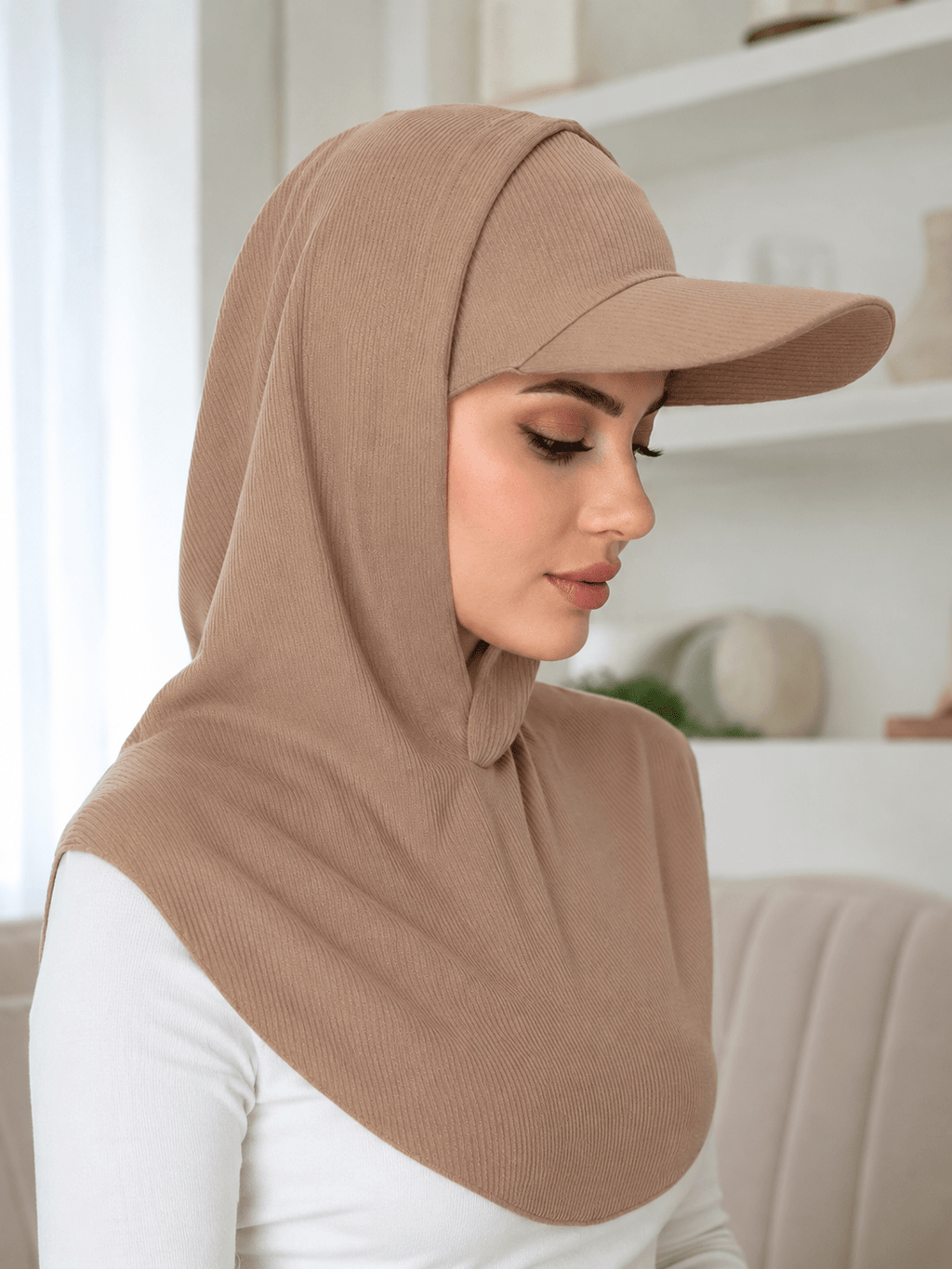 RY505 Camel Beige Ribbed Sun Protection Hijab Cap with Visor – Full Neck Cover - Raya