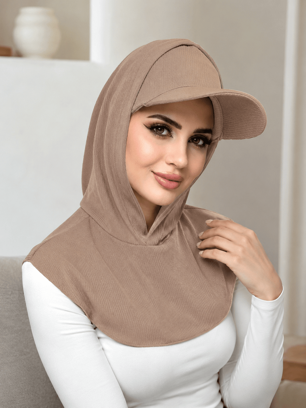 RY505 Camel Beige Ribbed Sun Protection Hijab Cap with Visor – Full Neck Cover - Raya