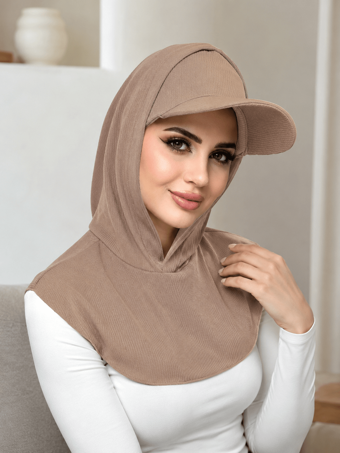 RY505 Camel Beige Ribbed Sun Protection Hijab Cap with Visor – Full Neck Cover - Raya