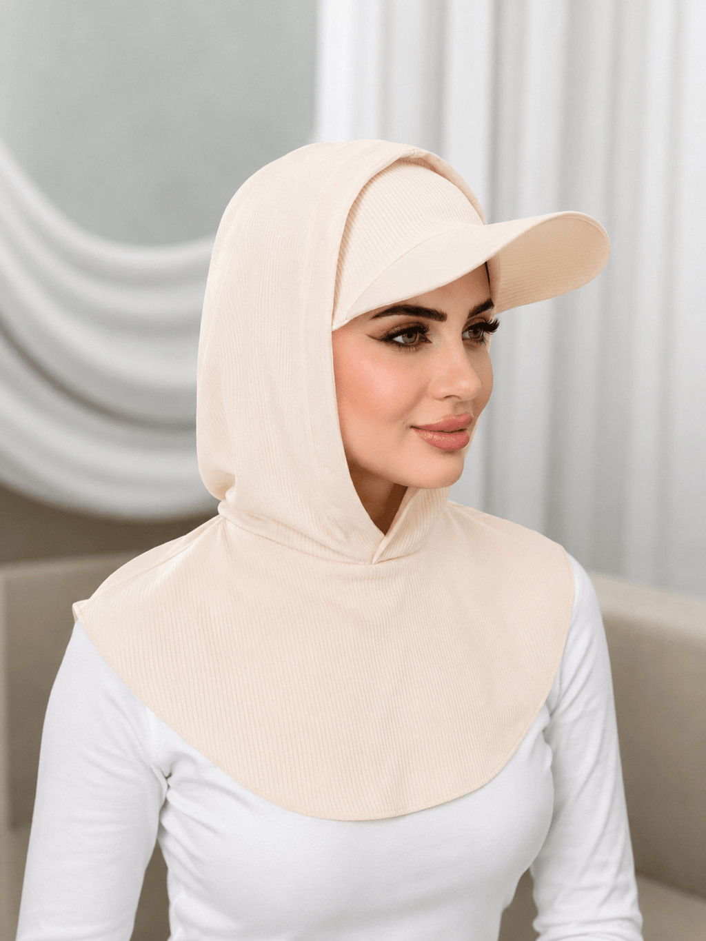 RY506 Cream Ribbed Sun Protection Hijab Cap with Visor – Full Neck Cover - Raya
