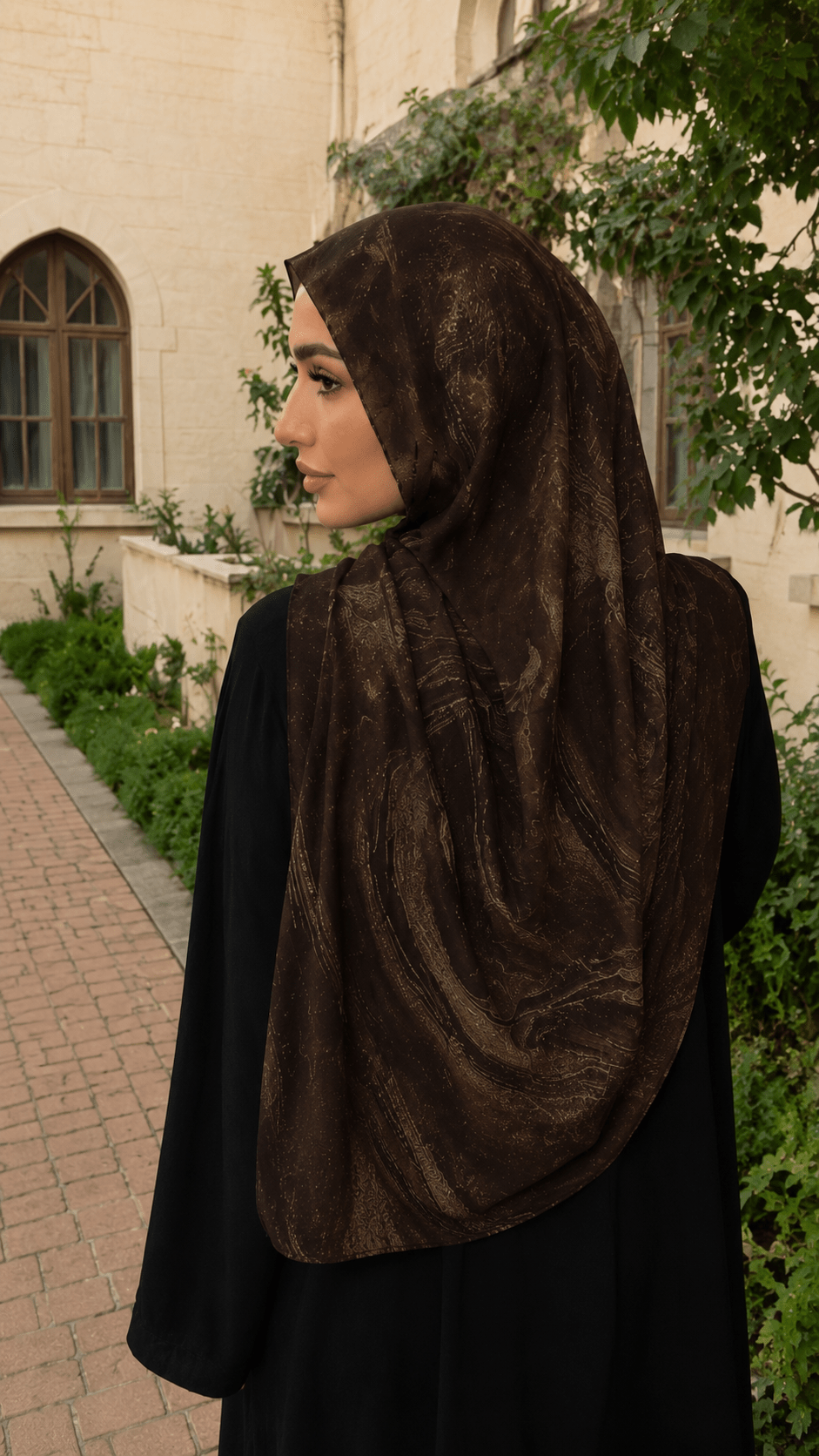 RY52 Dark Brown Gold Metallic Flow Hijab Shawl – Bronze Shimmer Watercolor Women's Head Scarf (80×180cm) - Raya