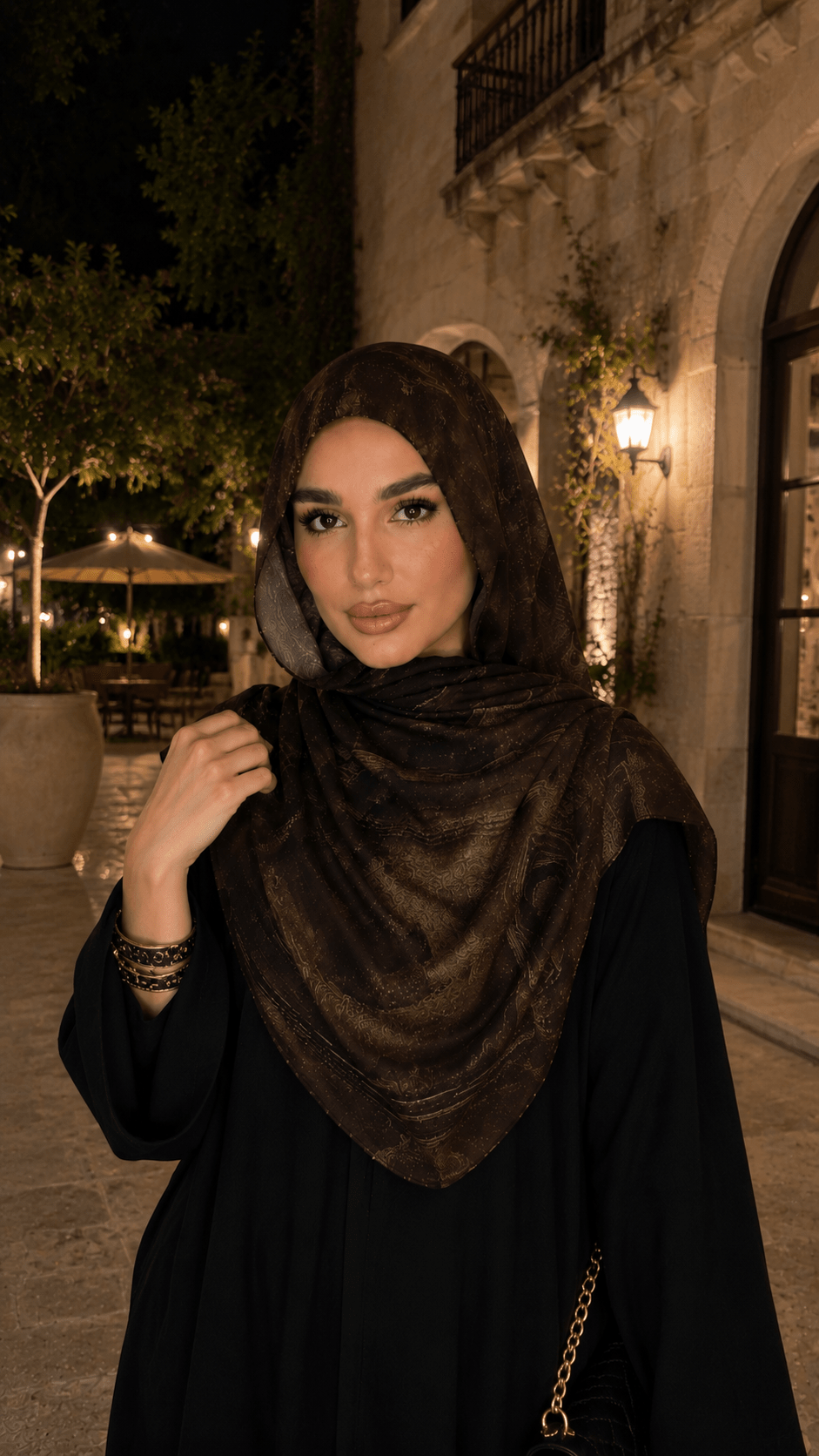 RY52 Dark Brown Gold Metallic Flow Hijab Shawl – Bronze Shimmer Watercolor Women's Head Scarf (80×180cm) - Raya
