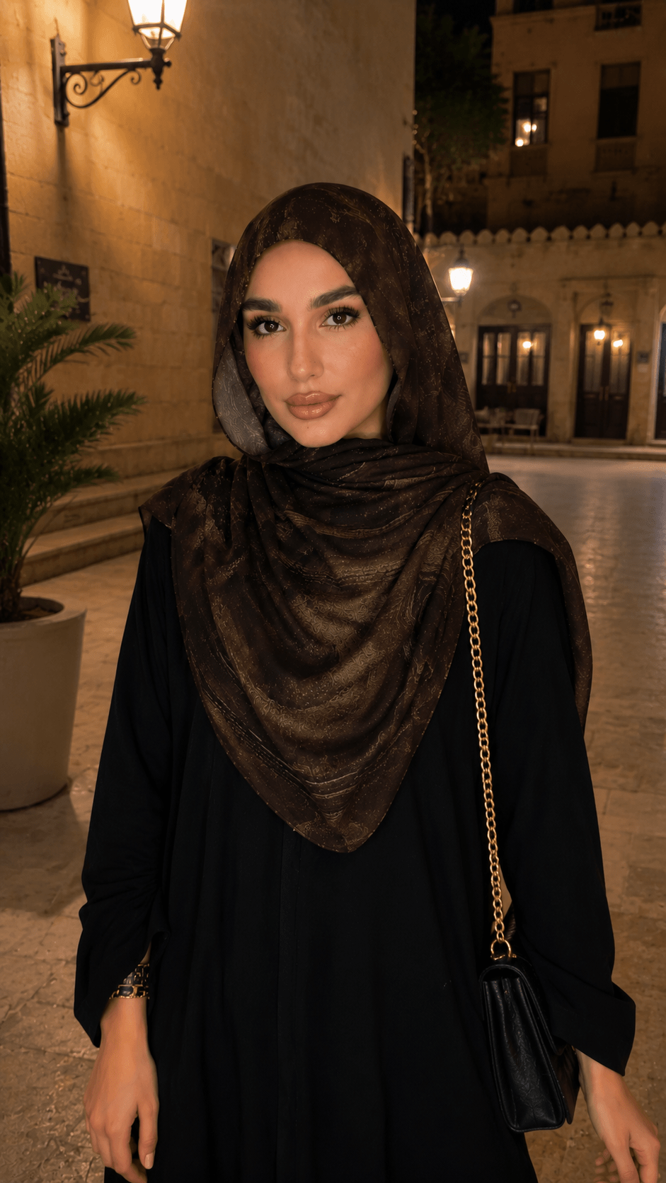 RY52 Dark Brown Gold Metallic Flow Hijab Shawl – Bronze Shimmer Watercolor Women's Head Scarf (80×180cm) - Raya