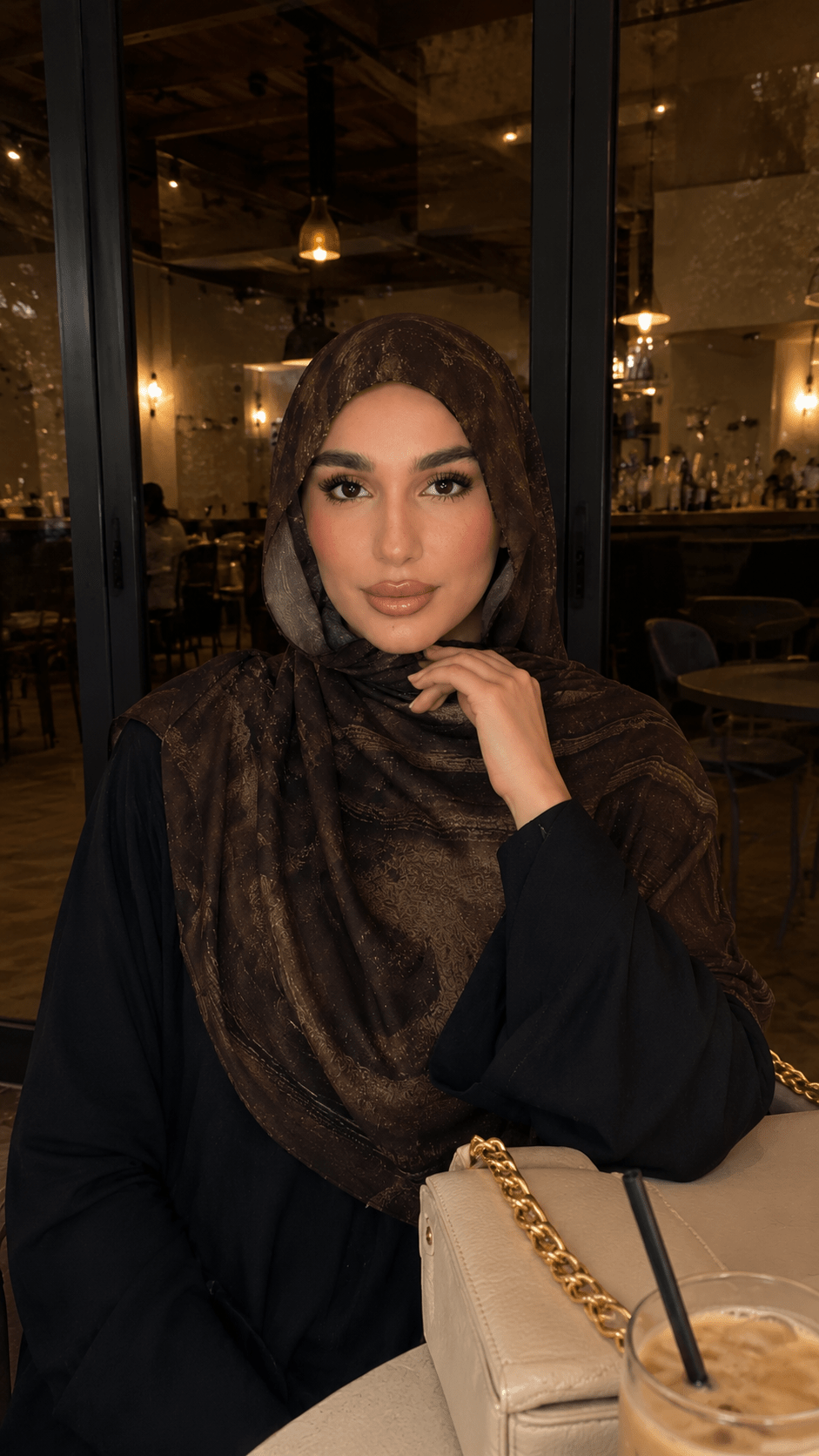 RY52 Dark Brown Gold Metallic Flow Hijab Shawl – Bronze Shimmer Watercolor Women's Head Scarf (80×180cm) - Raya