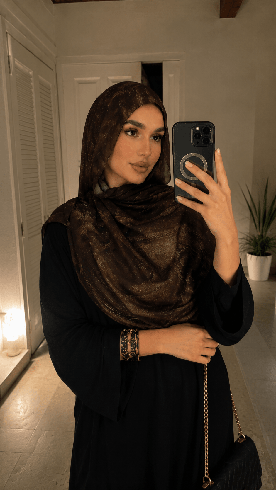 RY52 Dark Brown Gold Metallic Flow Hijab Shawl – Bronze Shimmer Watercolor Women's Head Scarf (80×180cm) - Raya
