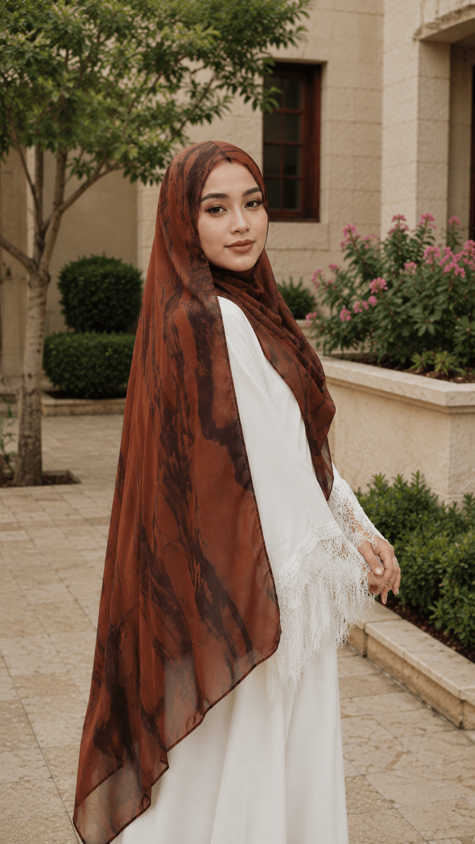 RY53 Brick Red Brown Ink Marble Flow Hijab Shawl – Terracotta Watercolor Women's Head Scarf (80×180cm) - Raya