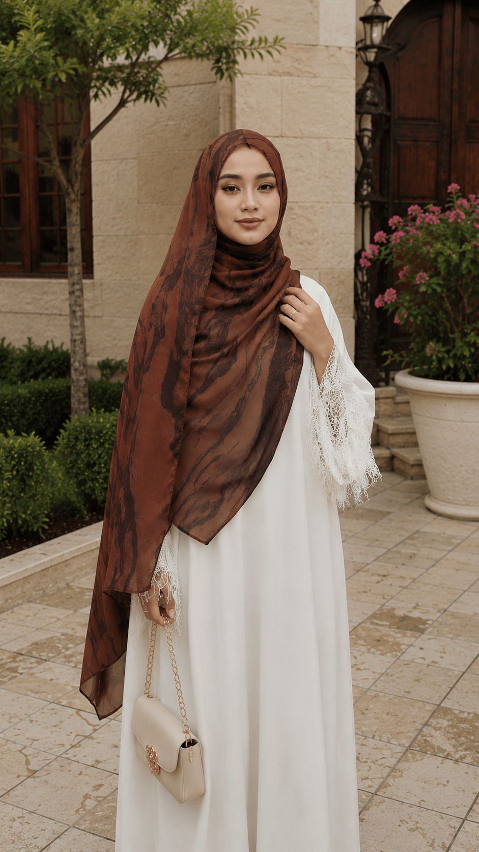 RY53 Brick Red Brown Ink Marble Flow Hijab Shawl – Terracotta Watercolor Women's Head Scarf (80×180cm) - Raya
