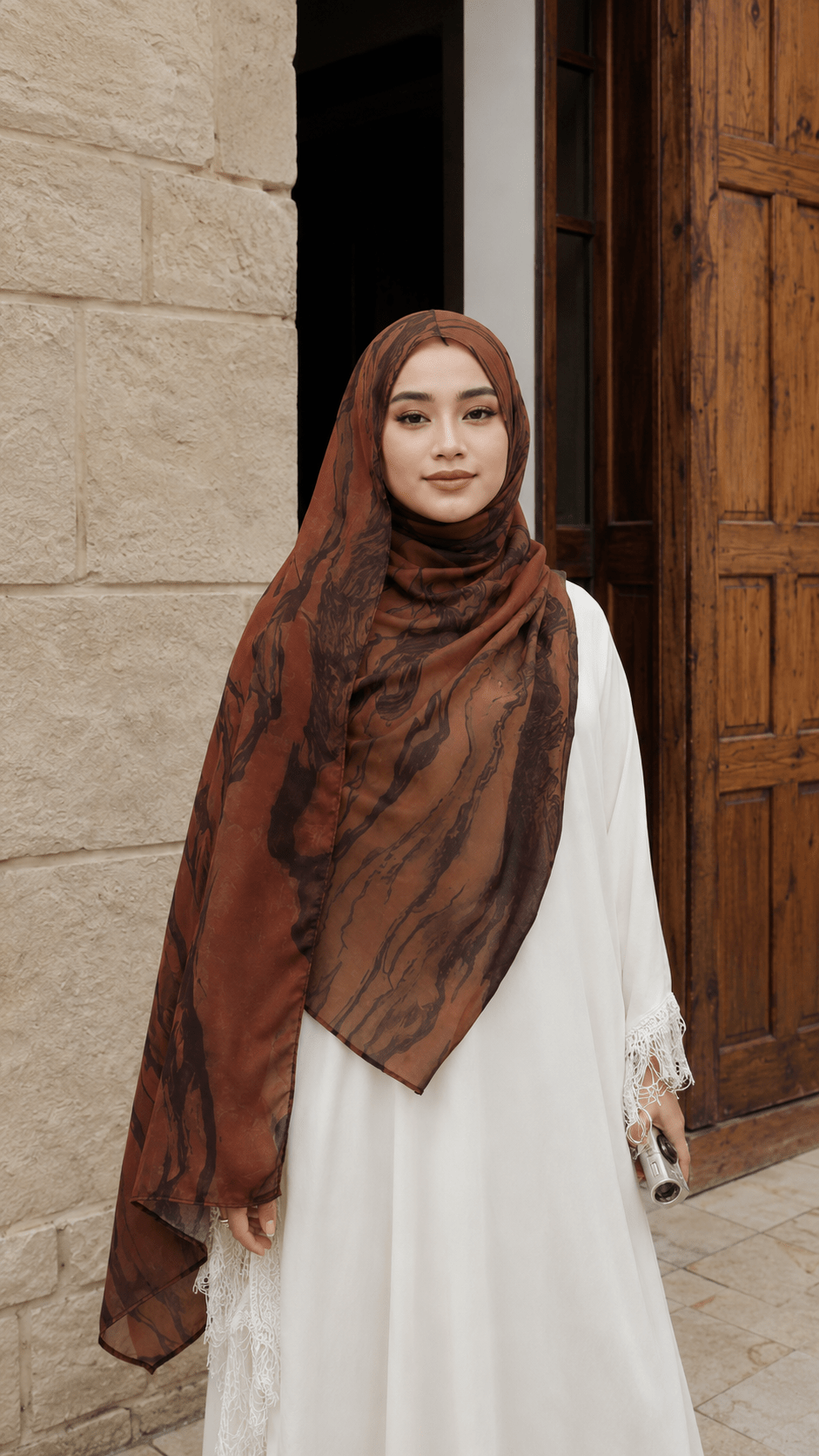 RY53 Brick Red Brown Ink Marble Flow Hijab Shawl – Terracotta Watercolor Women's Head Scarf (80×180cm) - Raya