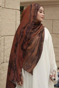 RY53 Brick Red Brown Ink Marble Flow Hijab Shawl – Terracotta Watercolor Women's Head Scarf (80×180cm) - Raya