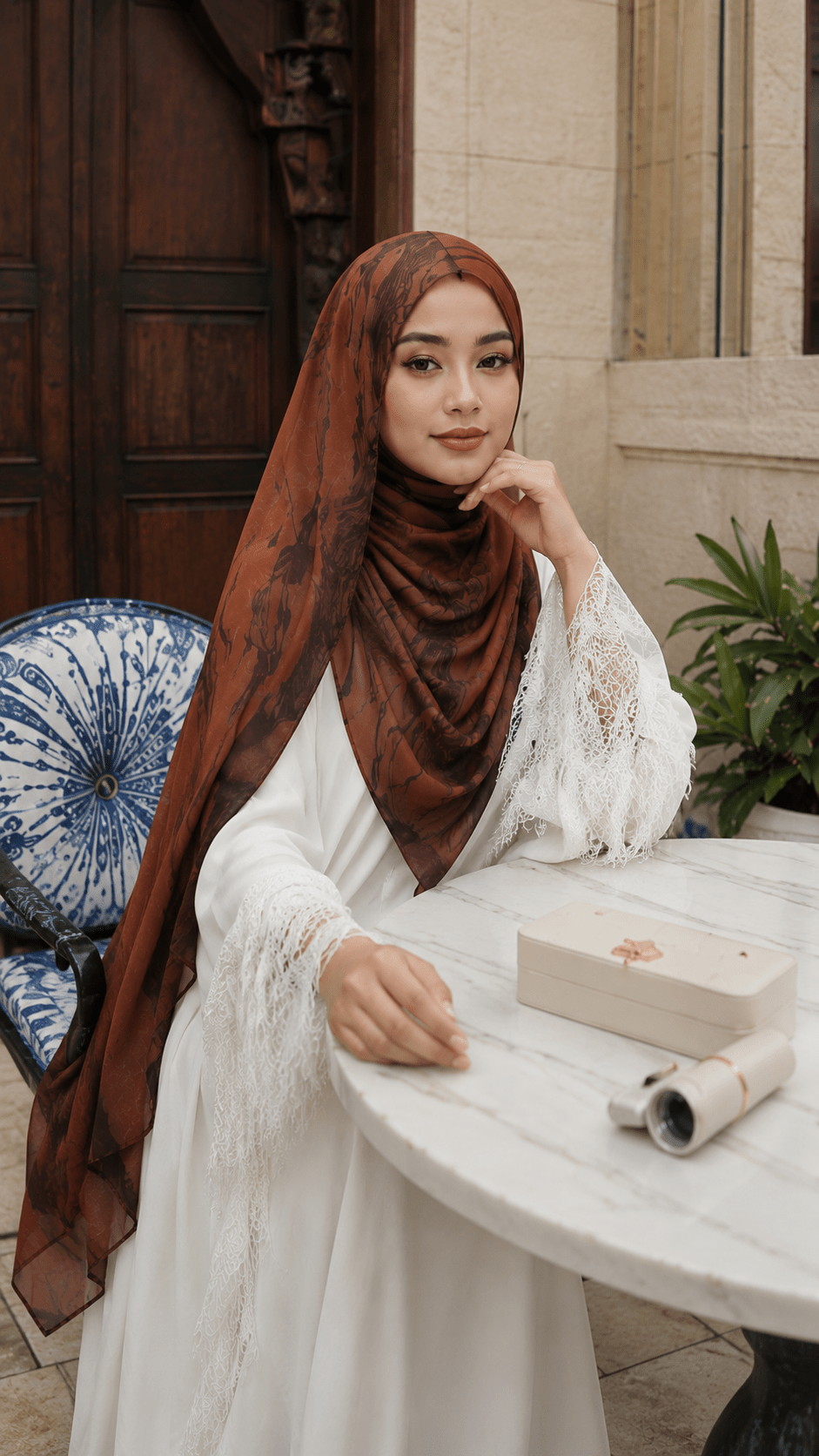 RY53 Brick Red Brown Ink Marble Flow Hijab Shawl – Terracotta Watercolor Women's Head Scarf (80×180cm) - Raya