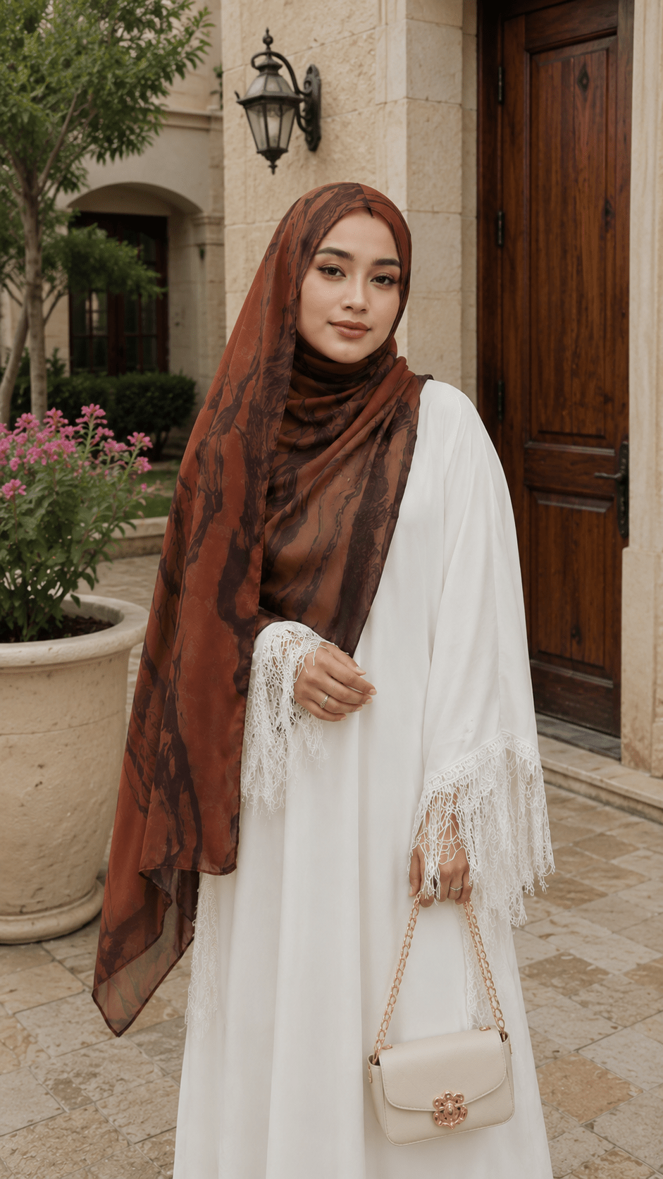 RY53 Brick Red Brown Ink Marble Flow Hijab Shawl – Terracotta Watercolor Women's Head Scarf (80×180cm) - Raya