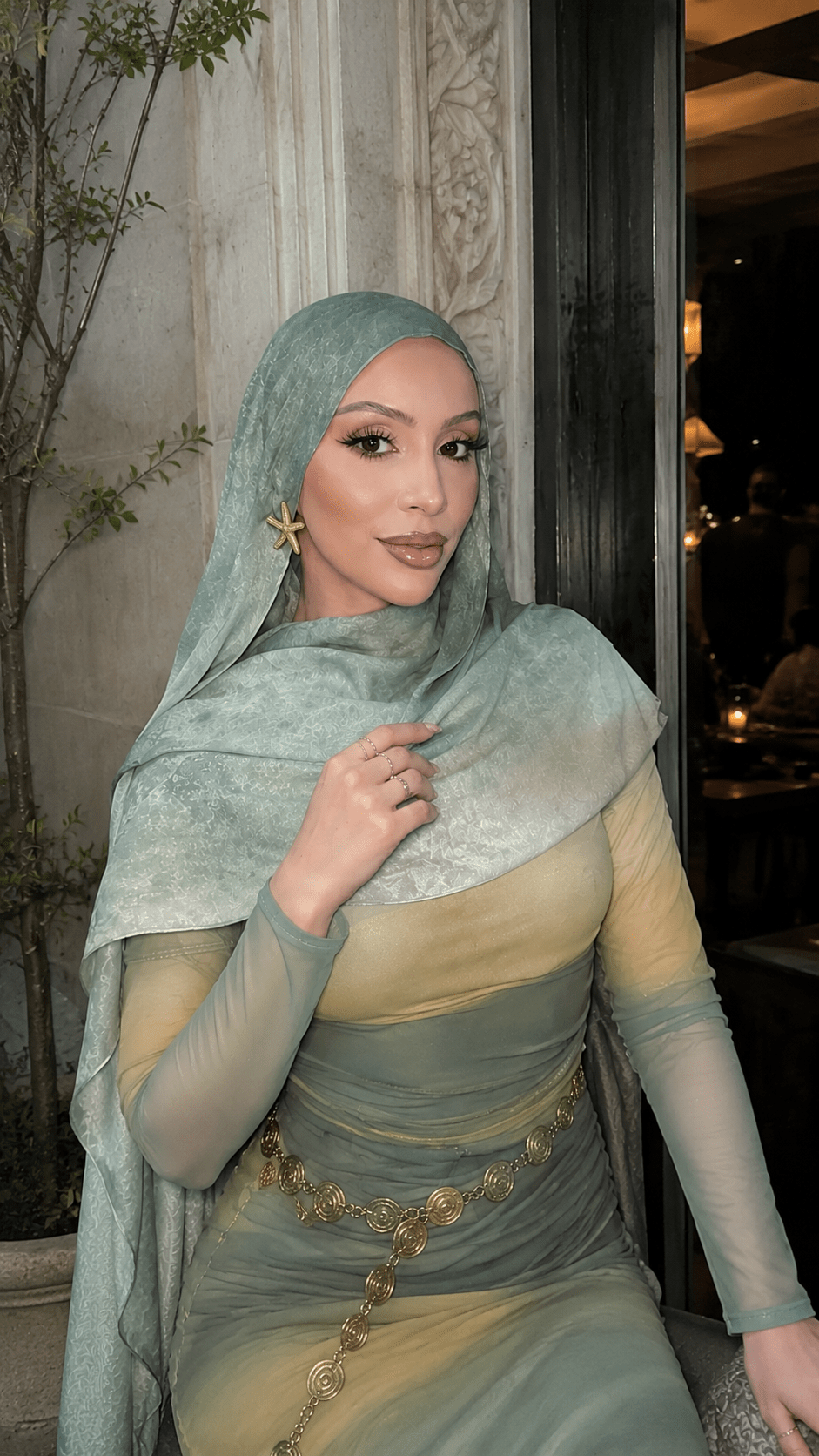 RY55 Mint Green to Gold Camel Ombre Hijab Shawl – Watercolor Gradient Women's Head Scarf (80×180cm) - Raya
