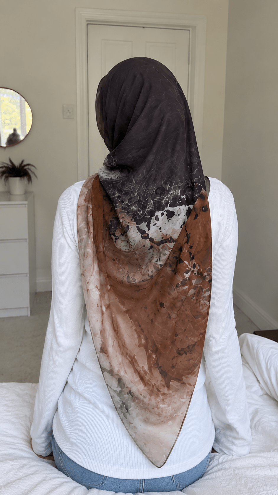 RY58 Charcoal Grey to Camel Brown Ombre Hijab Shawl – Ink Floral Watercolor Women's Head Scarf (80×180cm) - Raya