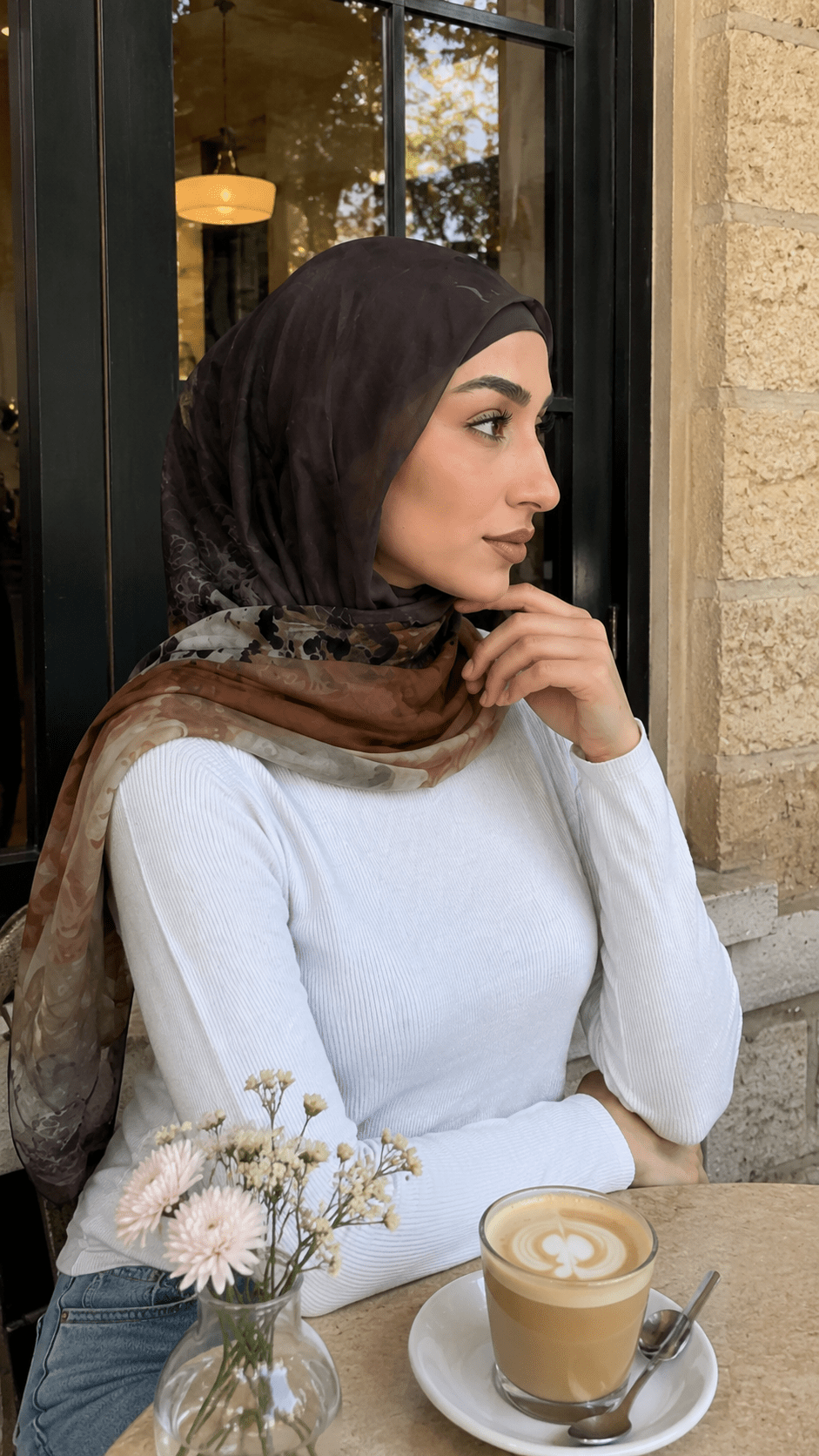 RY58 Charcoal Grey to Camel Brown Ombre Hijab Shawl – Ink Floral Watercolor Women's Head Scarf (80×180cm) - Raya