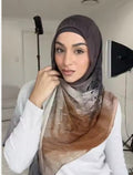 RY58 Charcoal Grey to Camel Brown Ombre Hijab Shawl – Ink Floral Watercolor Women's Head Scarf (80×180cm) - Raya