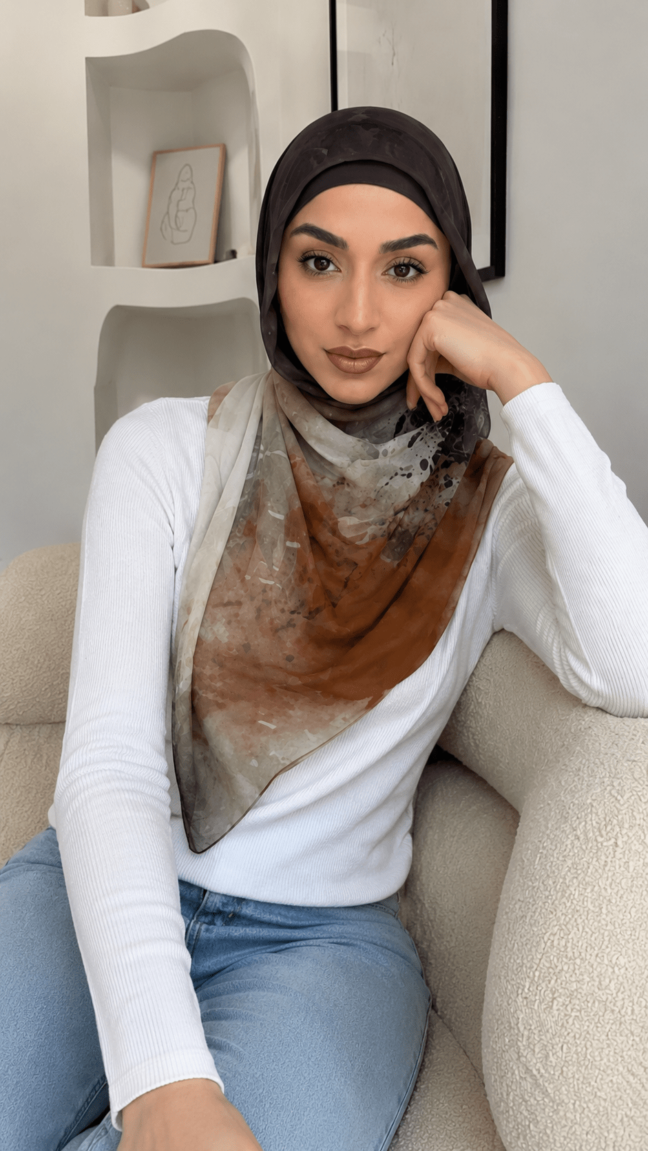 RY58 Charcoal Grey to Camel Brown Ombre Hijab Shawl – Ink Floral Watercolor Women's Head Scarf (80×180cm) - Raya